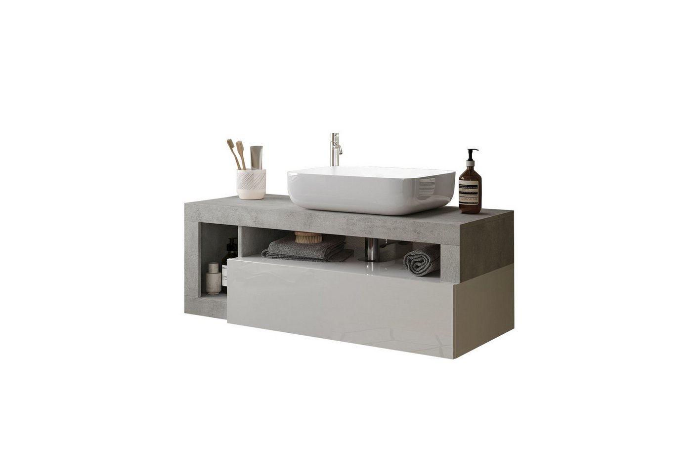 freiraum Waschtisch-Set HAMBURG, inkl. Becken, 1 Schub, FSC, in Weiß / Beton-Optik - 110x61x49 (BxHxT) von freiraum
