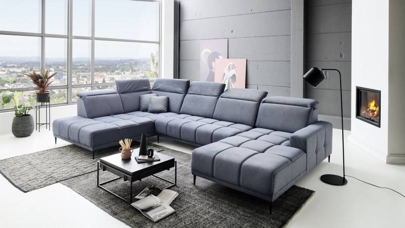 freiraum Wohnlandschaft Lindesberg, elektr. Sitzverstellung, Federkern, blaugrau - 398x107x234cm (BxHxT) von freiraum