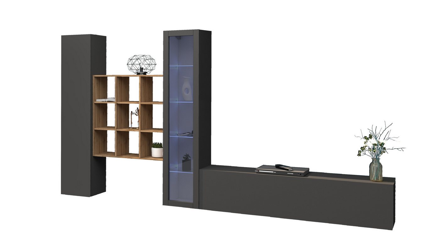 freiraum Wohnwand Benevent, (4-teilig), (4-teilig) in Anthrazit matt - 350x180x30 (BxHxT) von freiraum