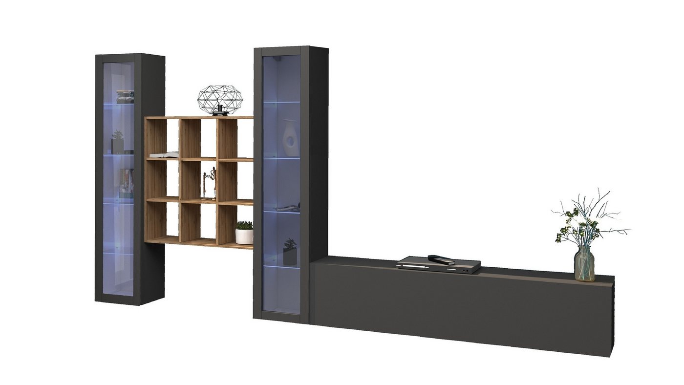 freiraum Wohnwand Benevent, (4-teilig), (4-teilig) in Anthrazit matt - 350x180x30 (BxHxT) von freiraum