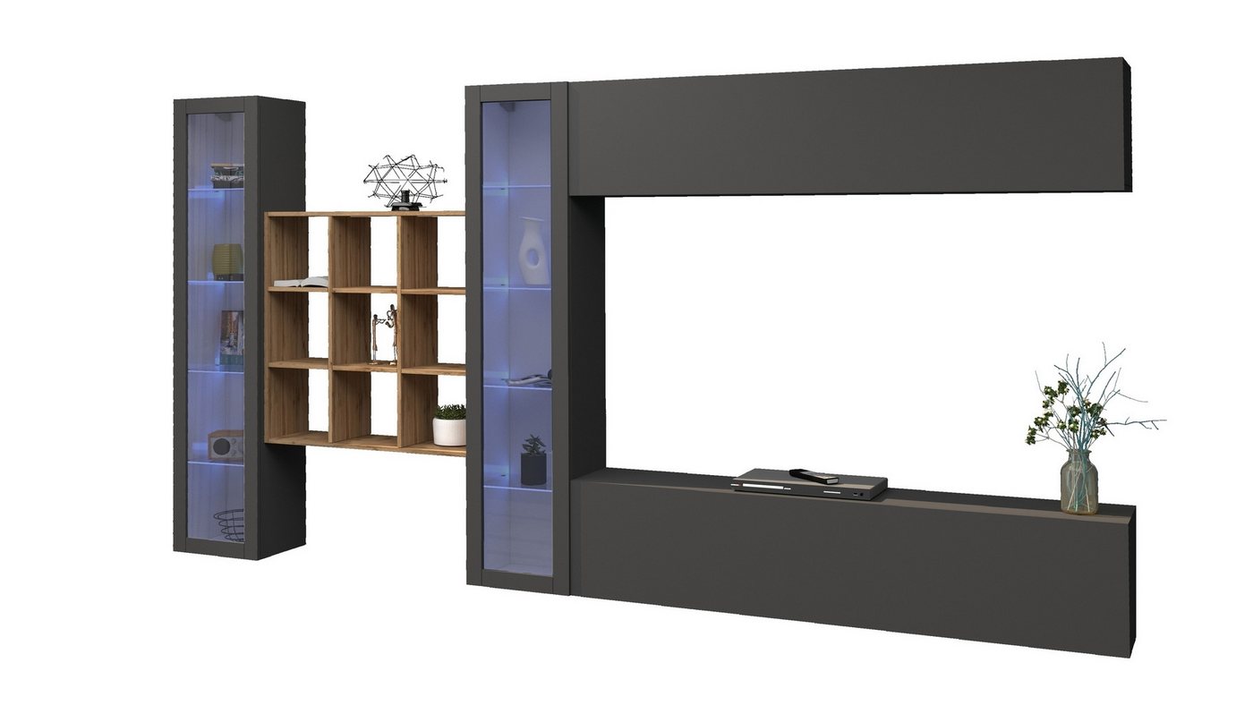 freiraum Wohnwand Benevent, (5-teilig), (5-teilig) in Anthrazit matt - 350x180x30 (BxHxT) von freiraum