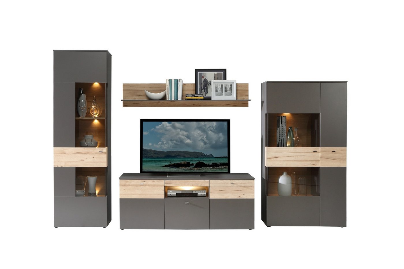 freiraum Wohnwand COMO, Grau/ Planked Eiche Dekor inkl. Beleuchtung - 319,3x203,3x52cm (BxHxT) von freiraum