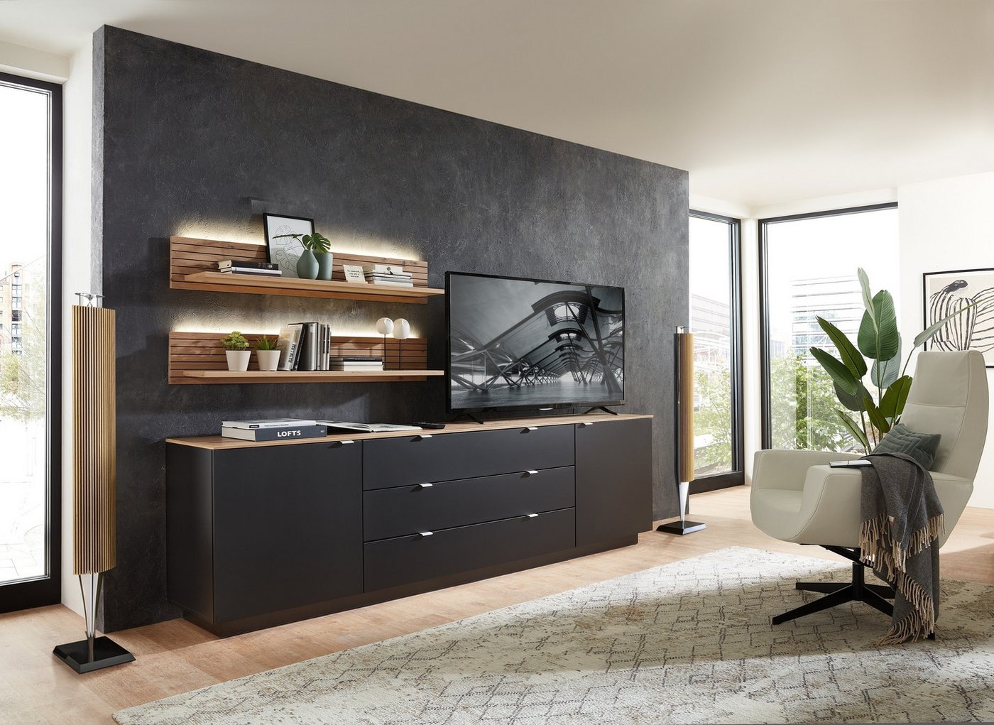 freiraum Wohnwand Core, (3-teilig), (3-teilig) in schwarz matt / Artisan Dekor - 240x77x44 (BxHxT) von freiraum