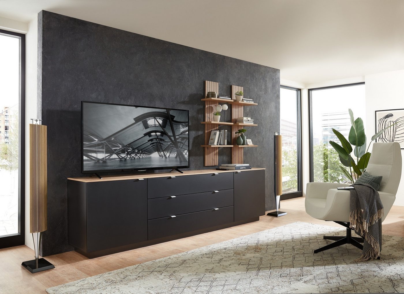 freiraum Wohnwand Core, (3-teilig), (3-teilig) in schwarz matt / Artisan Dekor - 240x77x44 (BxHxT) von freiraum