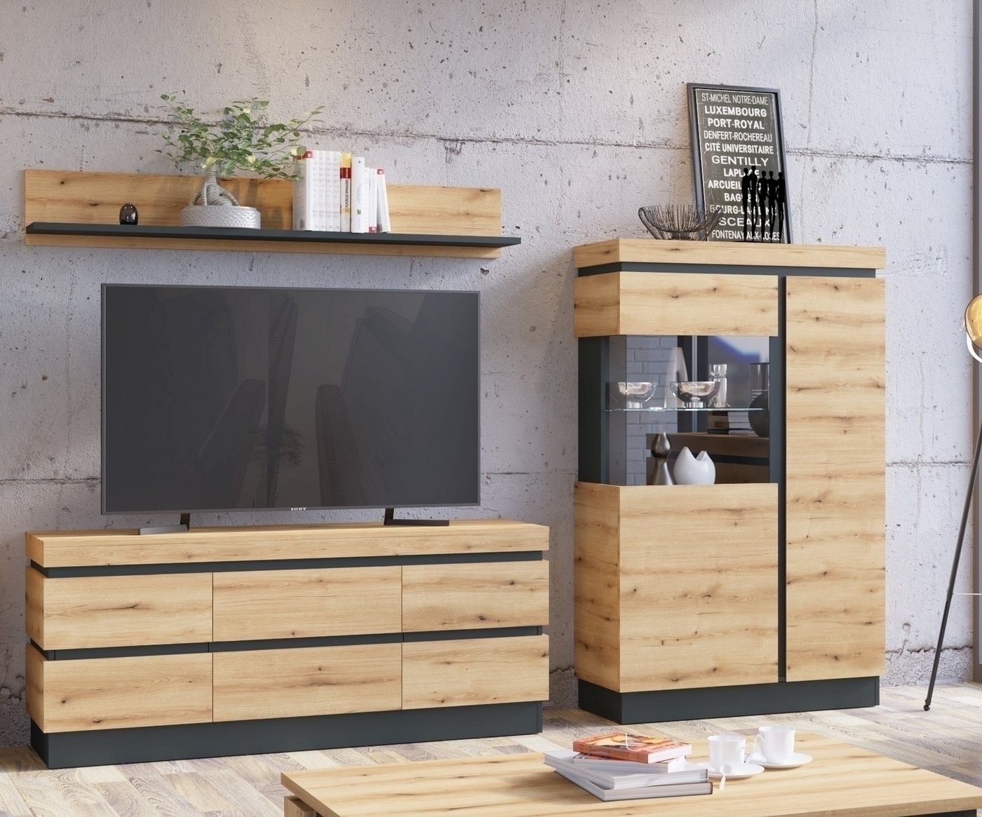 freiraum Wohnwand Corte, (3-teilig), (3-teilig) in Coast Evoke Eiche Dekor - 265x165x45 (BxHxT) von freiraum