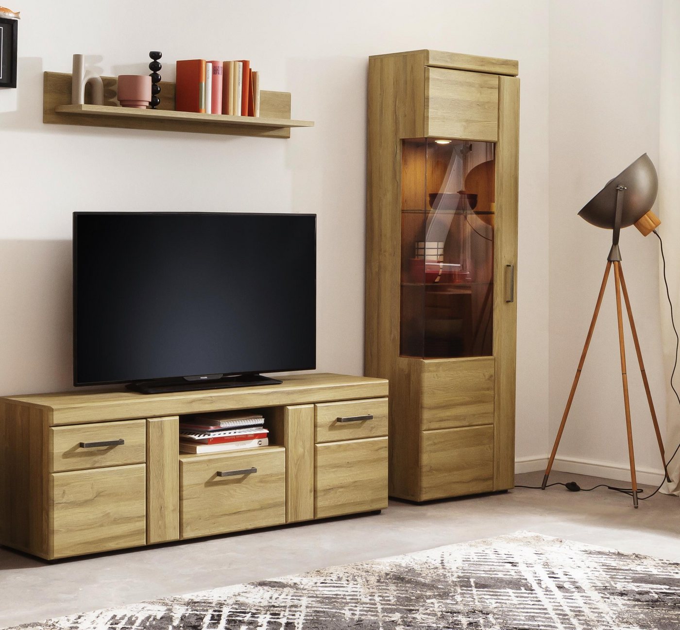 freiraum Wohnwand Cortina, (3-teilig), (3-teilig) in Grandson Eiche Dekor - 215x195x41 (BxHxT) von freiraum