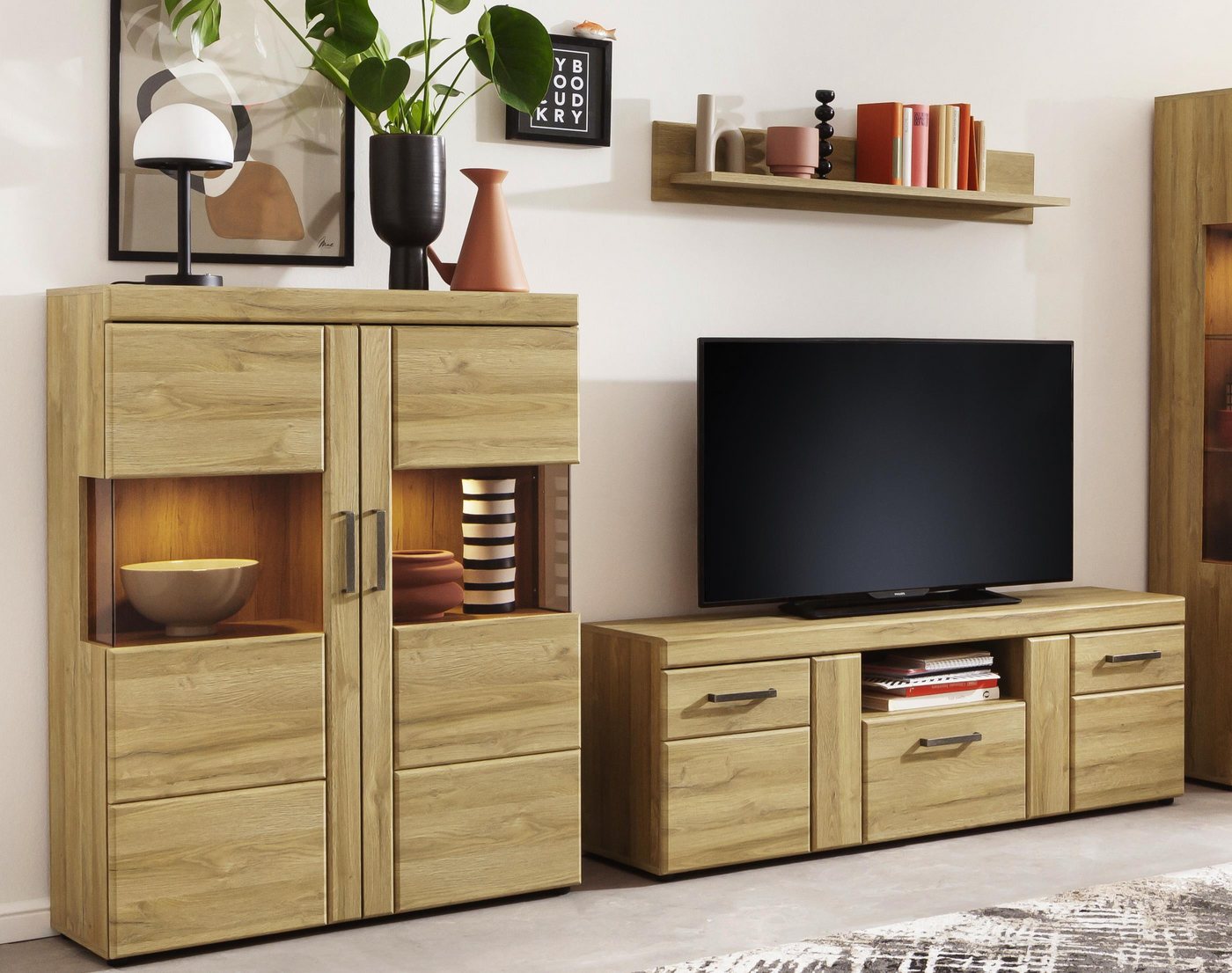 freiraum Wohnwand Cortina, (3-teilig), (3-teilig) in Grandson Eiche Dekor - 259x155x41 (BxHxT) von freiraum