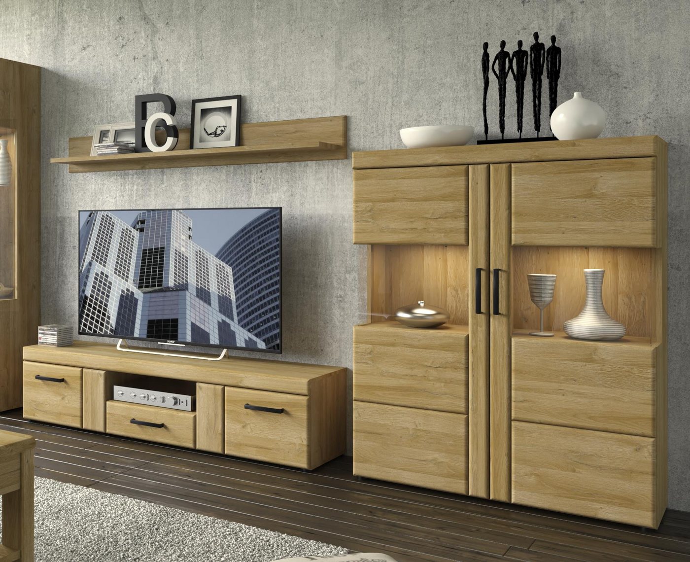 freiraum Wohnwand Cortina, (3-teilig), (3-teilig) in Grandson Eiche Dekor - 259x155x41 (BxHxT) von freiraum