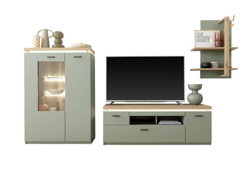 freiraum Wohnwand MONIZ, (3-teilig) mit LED, Salbei grün/Eiche Evoke Dekor - 324x198x44 (BxHxT) von freiraum