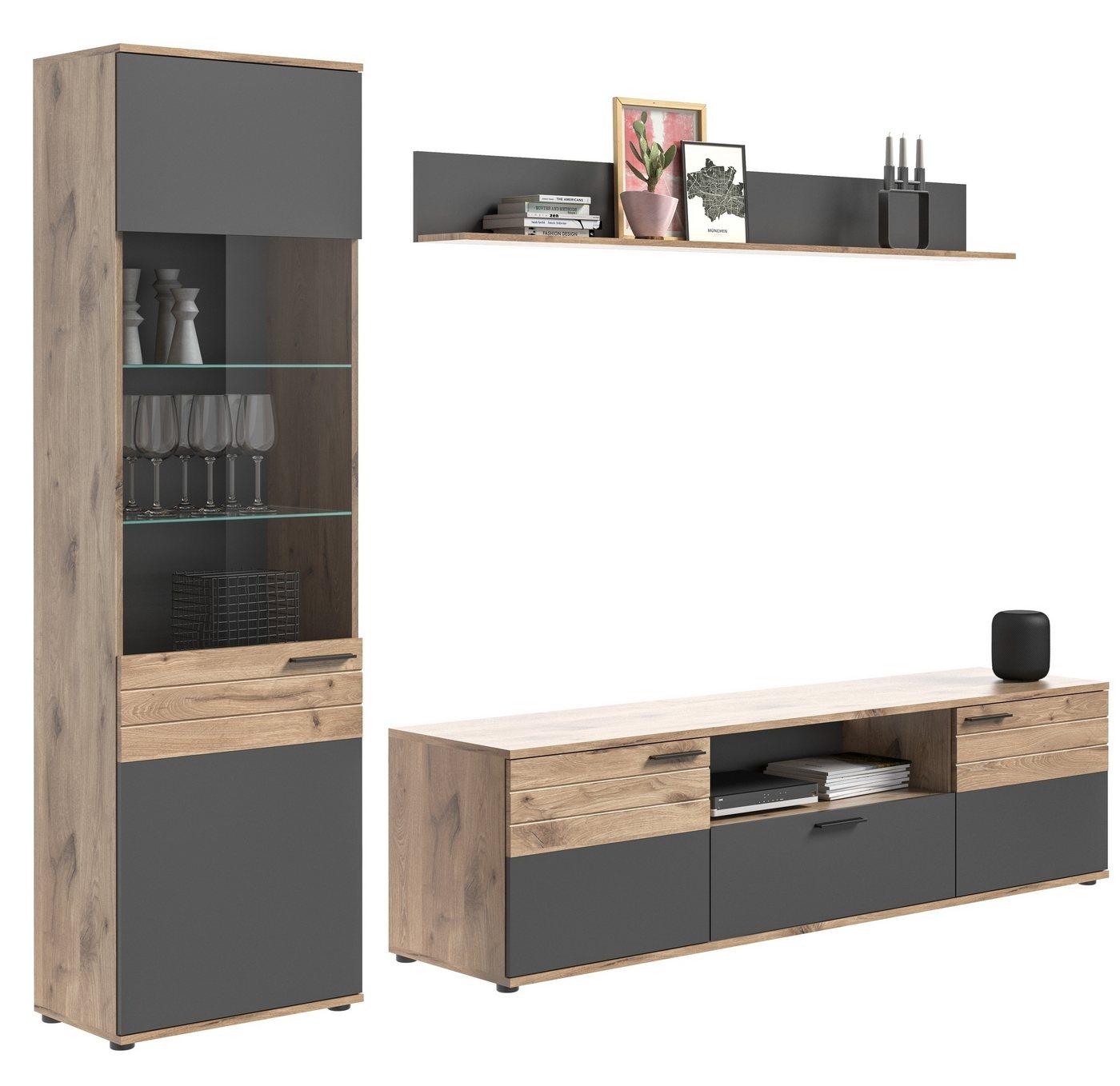 freiraum Wohnwand Mason, in Nox Oak / Basalt Grau - 266x200x47cm (BxHxT) von freiraum