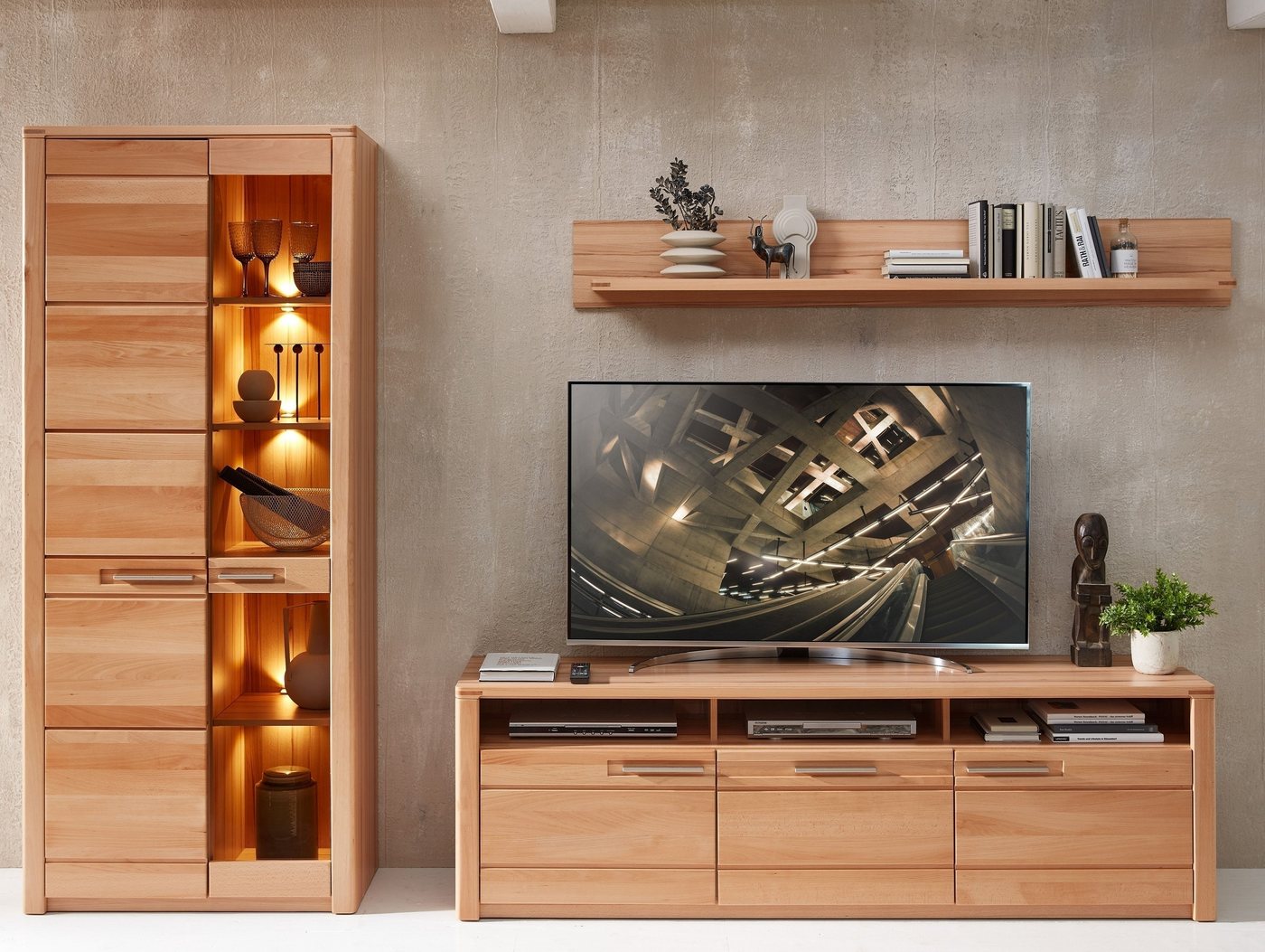 freiraum Wohnwand Nature One, (3-teilig), (3-teilig) Kernbuche teilmassiv - 320x203x45cm (BxHxT) von freiraum