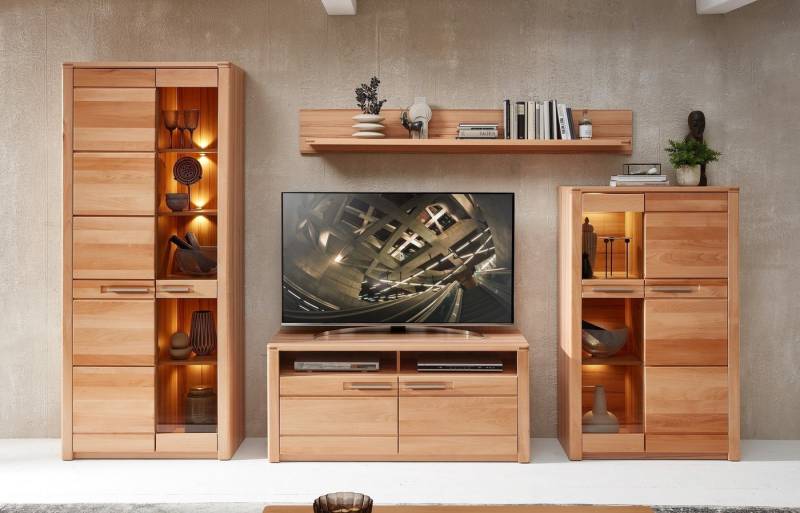 freiraum Wohnwand Nature One, (4-teilig), (4-teilig) in Kernbuche, teilmassiv - 330x203x45cm (BxHxT) von freiraum