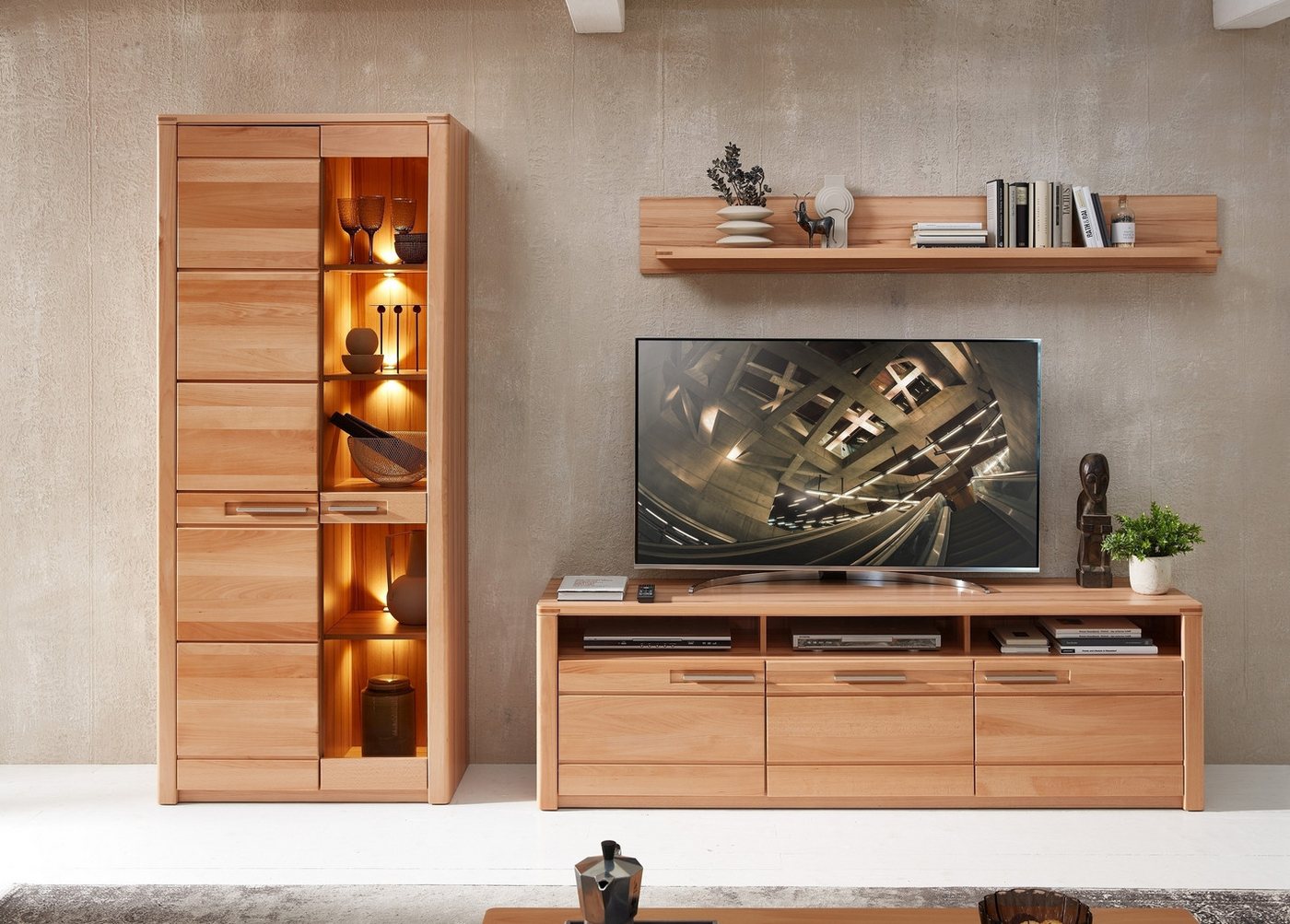freiraum Wohnwand Nature One, 3-teilig, mit LED, FSC, in Kernbuche teimassiv - 310x203x45cm (B/H/T) von freiraum