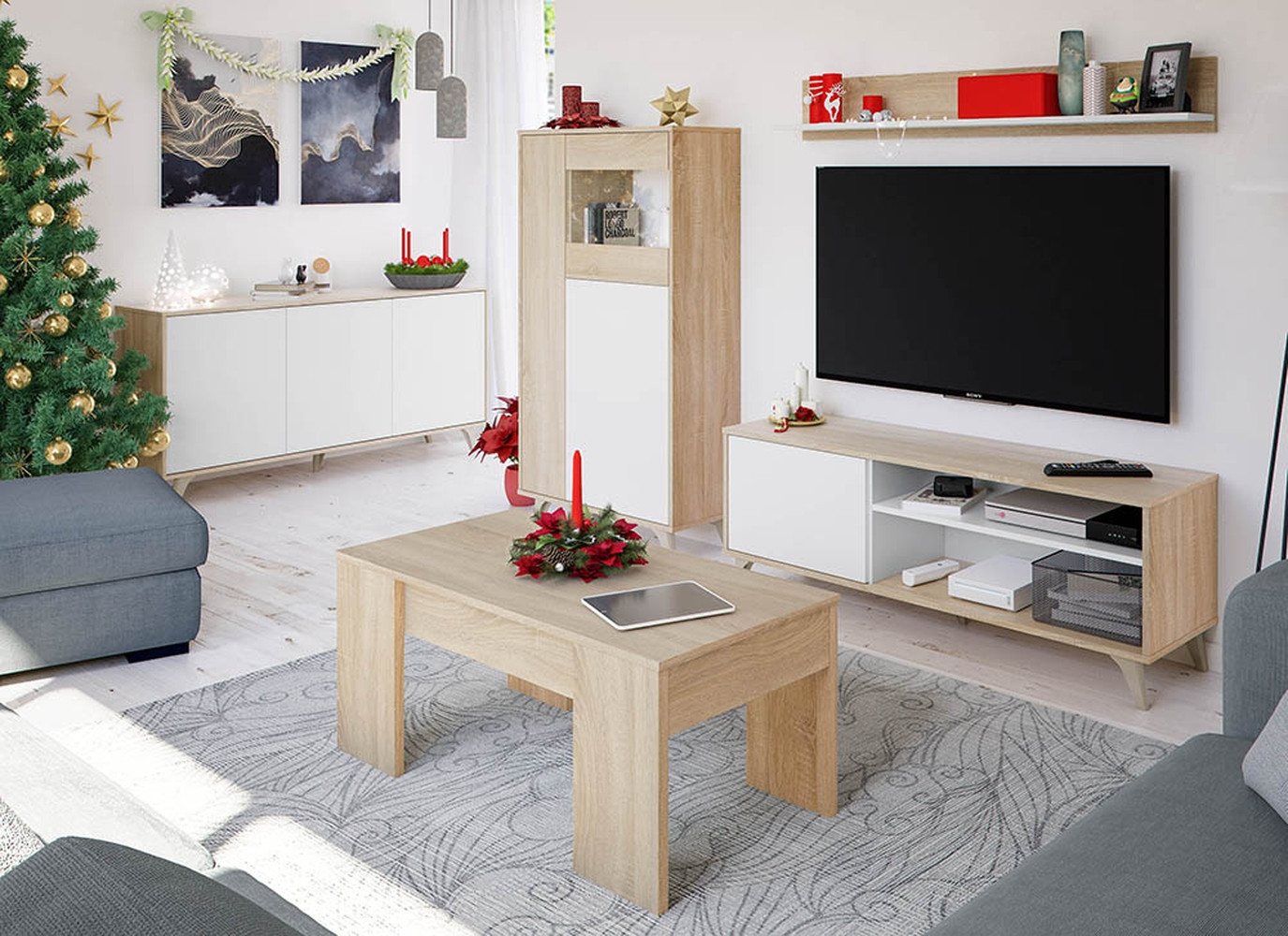 freiraum Wohnzimmer-Set KIKUA PLUS, (4-Teilig) in Canadian Eiche/Artik Weiß - 135x50x40 (BxHxT) von freiraum