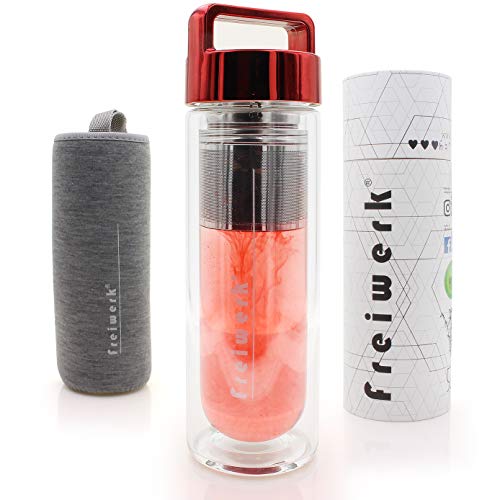 freiwerk® Tee Thermo Flasche Zubereiter Sieb Teebereiter Infuser Glas doppelwandig BPA frei Neopren Stoff grau Deckel Rot Metallic 400ml von freiwerk