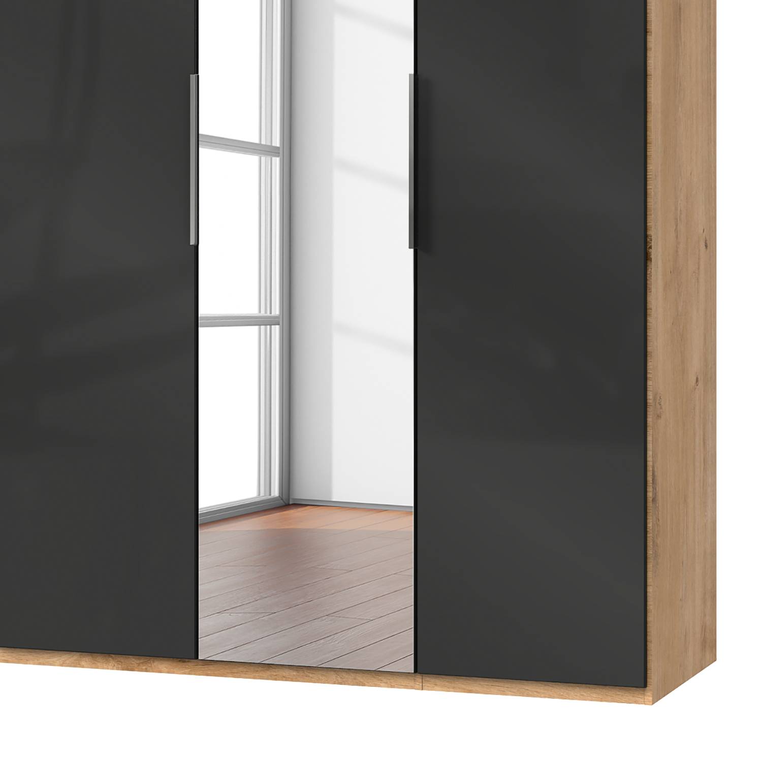 home24 Drehtürenschrank Level 36 C 150 x 236cm ohne Plankeneiche Dekor/Glas Grau 1 Spiegeltür von home24