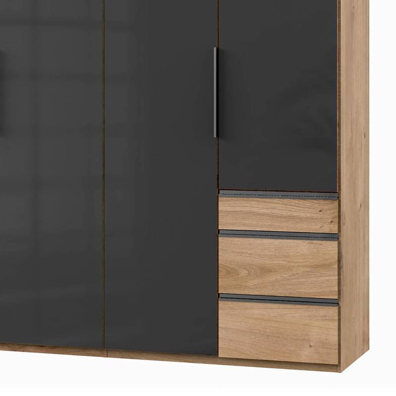 home24 Drehtürenschrank Level 36 C 200 x 236cm Mehr als 5 Schubladen Plankeneiche Dekor/Glas Grau ohne Spiegeltür/-en von home24