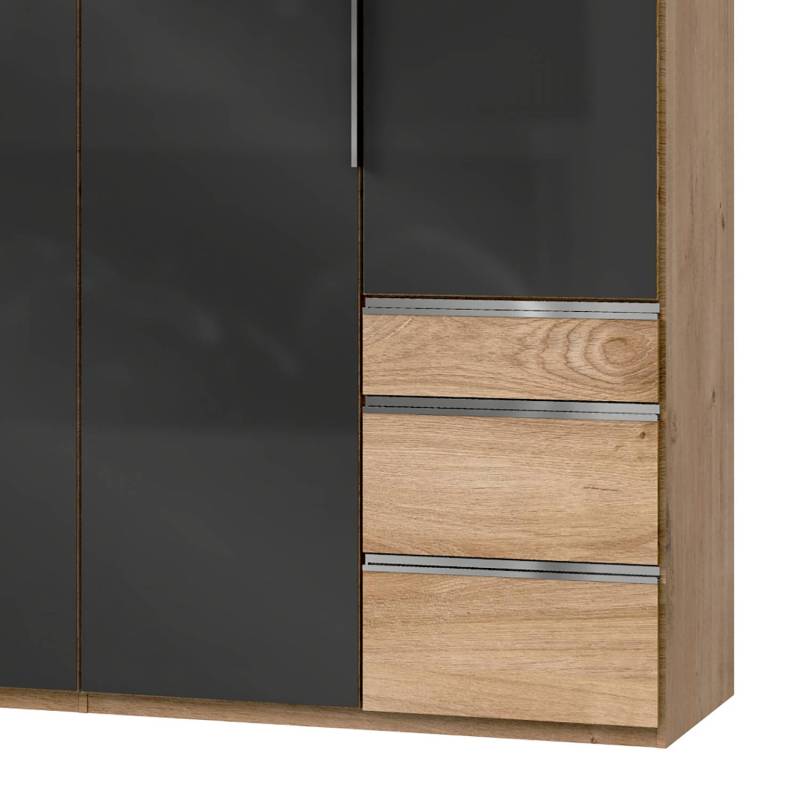 home24 Drehtürenschrank Level 36 C 200 x 216cm Mehr als 5 Schubladen Plankeneiche Dekor/Glas Grau ohne Spiegeltür/-en von home24