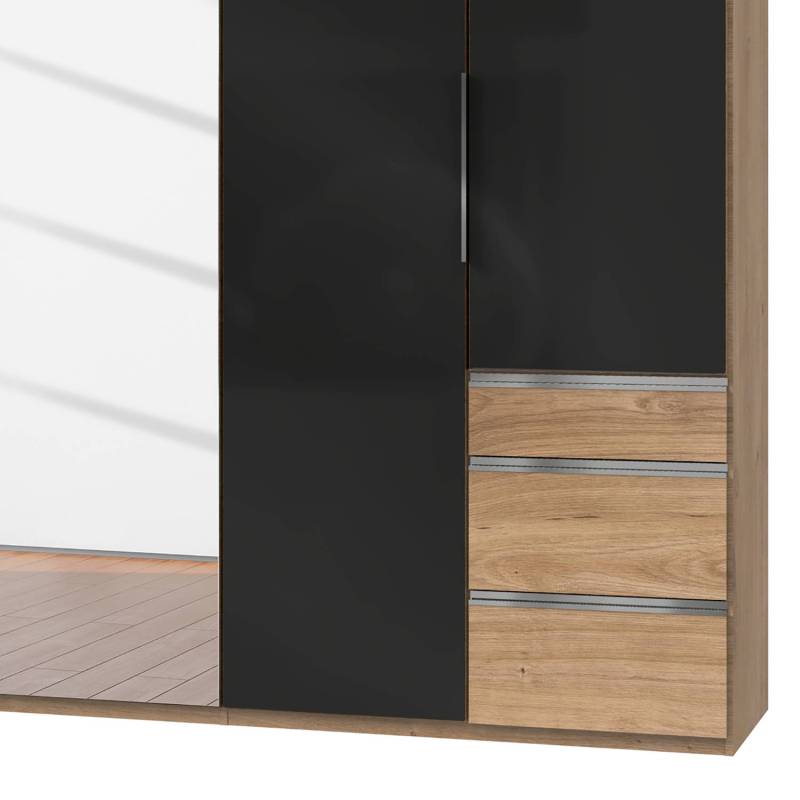 home24 Drehtürenschrank Level 36 C 300 x 216cm Mehr als 5 Schubladen Plankeneiche Dekor/Glas Grau 2 Spiegeltüren von home24