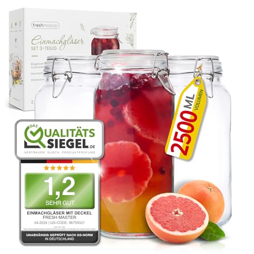 freshmaster Einmachgläser mit Deckel - Set aus bruchsicherem Glas mit Spezialdichtung und Edelstahl Bügelverschluss - Einmachgläser Vorratsgläser Marmeladengläser Gläser Set (3 x 2500ml) von freshmaster