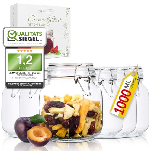 freshmaster Gläser mit Bügelverschluss - Set aus bruchsicherem Glas mit Spezialdichtung und Edelstahl Bügelverschluss - Vorratsgläser Gläser Set (6 x 1000ml) freshmaster Gläser mit Bügelverschluss - Set aus bruchsicherem Glas mit Spezialdichtung und Edelstahl Bügelverschluss - Vorratsgläser Gläser Set (6 x 1000ml) von freshmaster