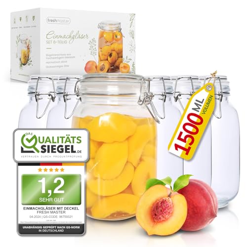 freshmaster Einmachgläser mit Deckel - Set aus bruchsicherem Glas mit Spezialdichtung und Edelstahl Bügelverschluss - Einmachgläser Vorratsgläser Marmeladengläser Gläser Set (6 x 1500ml) von freshmaster