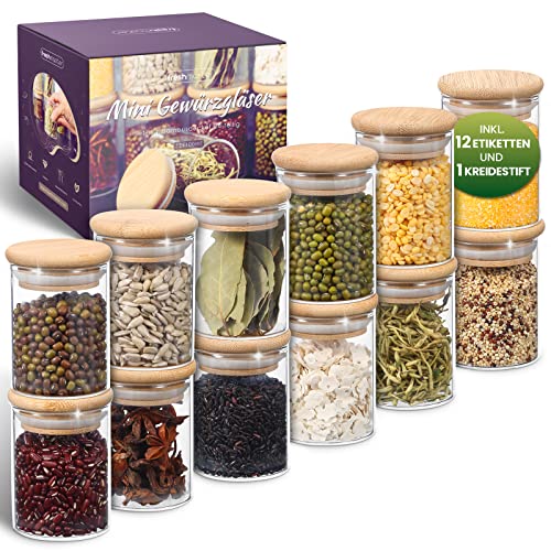 freshmaster Gewürzgläser Set Aufbewahrung Gewürze I 12x 100ml Vorratsdosen mit LongLife+ Dichtung und bruchsicherem Borosilikat Glas I Glasbehälter mit Deckel Gläser spice jars von freshmaster