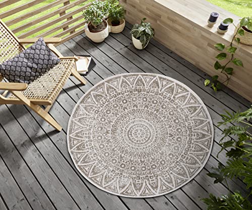 freundin Home Collection Lilja Flachgewebe In- und Outdoor Wendeteppich Wetterfest Modernes Mandala Design Teppich für Balkon Terrasse Garten Wintergarten Wohnzimmerteppich Wasserfest, Ø 100 cm, Linen von freundin Home Collection