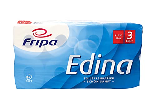 fripa Toilettenpapier 3-lagig, WC Papier Edina: 8 x 250 Blatt, 100% Zellstoff, weiß, 8 Stück von fripa