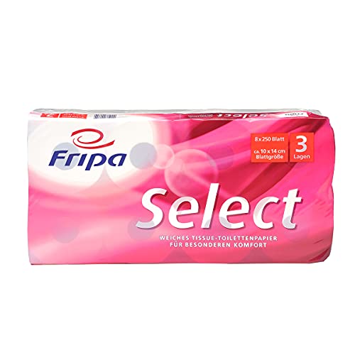 fripa Toilettenpapier 3-lagig, WC Papier Select: 8 x 250 Blatt, 100% Zellstoff, 8 Stück, hochweiß von fripa