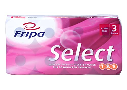 Fripa Select Toilettenpapier 8 x 180 Blatt, 3lagig, TAE, 100% Zellstoff, PEFC zertifiziert, hochweiß von fripa