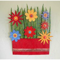 Blumen Kunst Metall Wand Blumenkasten Küche Patio Art Periwinkle Blau Rot Handgemachte Dekor 15 X 18 Gallerie Ready To Ship von frivoloustendencies