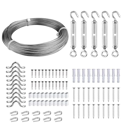 FSHIHINE 1.5mm Edelstahl Drahtseil, 60m Edelstahl Stahlseil Kit mit. Spannschloss & Spanner – Geeignet für Garten, Vorhänge, Bilder und Kletterpflanzen-Rankhilfen. von fshihine