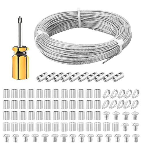FSHIHINE 2mm Gartendrahtseilkabel 50 m Edelstahldrahtseil, PVC-ummantelt für Rankhilfe, Stützsystem, Wäscheleinen, Hängeleuchten, Bildpisplay, Zaun mit Kabelkauschen, Crimphülsen, Drahtseilklemmen von fshihine