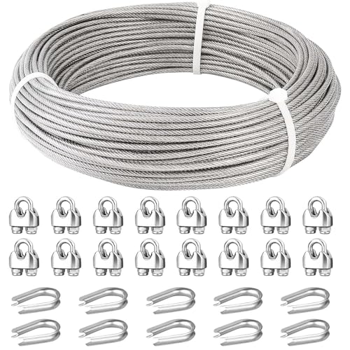 Fshihine Stahlseil 5mm, 45M 304 Edelstahl Drahtseil, 7x19 Litzenkern Stahlseil mit M5 Kabelklemmen & Fingerhut,1600kg Bruchfestigkeit, Drahtseil Set für Außen, Garten, Geländer Fshihine Stahlseil 5mm, 45M 304 Edelstahl Drahtseil, 7x19 Litzenkern Stahlseil mit M5 Kabelklemmen & Fingerhut,1600kg Bruchfestigkeit, Drahtseil Set für Außen, Garten, Geländer von fshihine