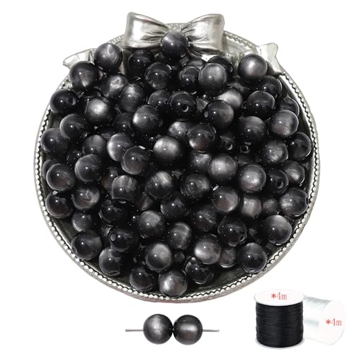 ftiemlovde 50 Stück 10mm Loch Schwarz Perlen Edelsteine zum Auffädeln Erwachsene Groß,Lose Rosenquarz Magic Schmuckperlen Beads zum Armbänder （Schwarz 10mm） von ftiemlovde
