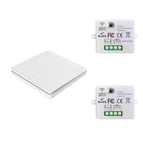 Funkschalter Set - Funk-Wandschalter Lichtschalter mit Empfänger - 30M Reichweite Drahtlos Kinetischer Batterieloser 230V 10A | 2-Kanal/1-2er-Schalter von fuchswerk