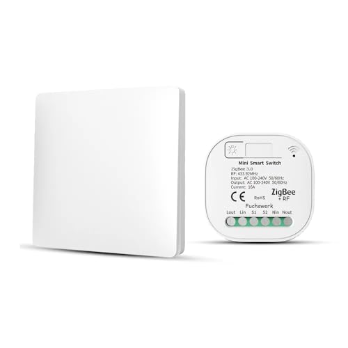 Funkschalter Set - ZigBee+RF Funk und Wandschalter Lichtschalter mit Empfänger - 30M Reichweite Drahtlos Kinetischer Batterieloser neu | 1-Kanal/1-Schalter von fuchswerk