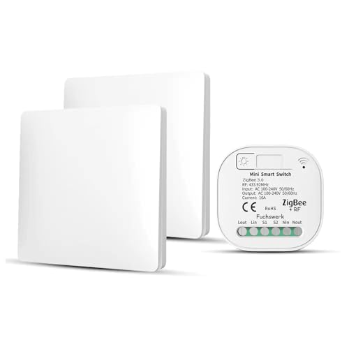 Funkschalter Set - ZigBee+RF Funk und Wandschalter Lichtschalter mit Empfänger - 30M Reichweite Drahtlos Kinetischer Batterieloser neu | 1-Kanal/2-Schalter von fuchswerk