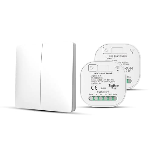 Funkschalter Set - ZigBee+RF Funk und Wandschalter Lichtschalter mit Empfänger - 30M Reichweite Drahtlos Kinetischer Batterieloser neu | 2-Kanal/1-2er-Schalter von fuchswerk