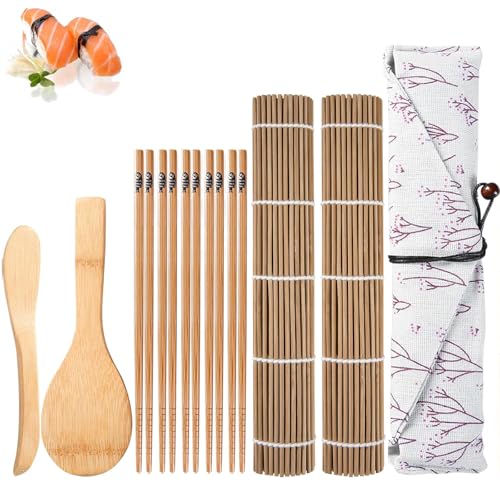 fufupaw Sushi Set, Bambus Sushi Matte, Einschließen 2 Bambus Sushi Matte, 5 Paar Essstäbchen, 1 Japanisches Messer, 1 Stoffbeutel, 2 Reislöffel,Sushi Maker Set Selber Perfektes Für Anfänger von fufupaw