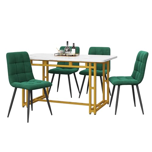 fullarrive 4-teiliges Esstisch-Set mit goldenen Beinen | Rechteckiger Esstisch 120x70cm | Dunkelgraue Leinen-Polsterstühle | für Wohnzimmer & Esszimmer in kleinen Wohnungen (Dark Green) von fullarrive