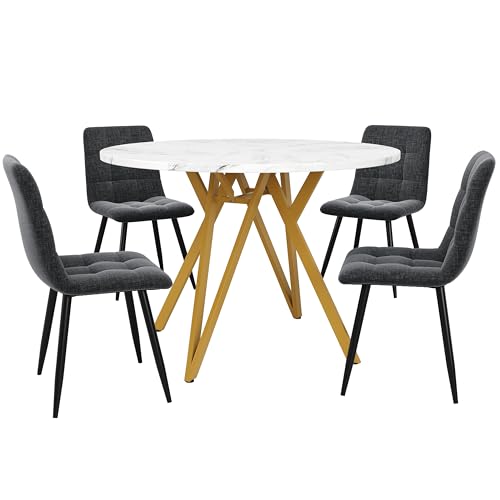 fullarrive Runder Esstisch 5-teilig | 100cm Marmor-Tischset + 4 Leinenstühle | Weißer Küchentisch mit goldfarbenen Metallbeinen von fullarrive
