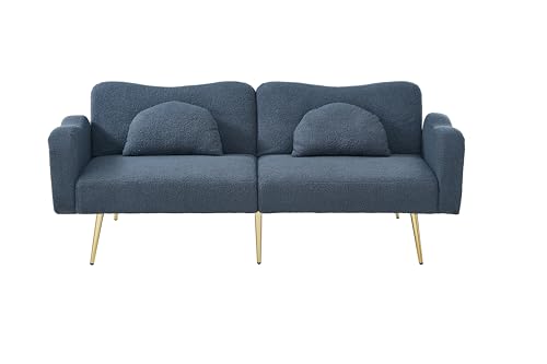 fullarrive Sofa mit Schlaffunktion Zweisitzer-Sofabett 3-Stufen Rückenlehne Premium Wollgemisch Vergoldete Metallfüße 2-in-1 Für Wohnzimmer (Blue Gray) von fullarrive
