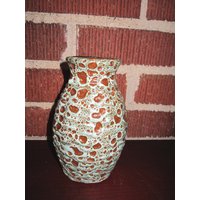 Vintage Mid Century Modern Aqua Und Braune Vulkan Glasur Keramik Vase von funoldstuff