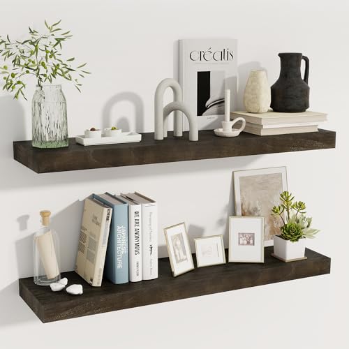 fuqing Schwebende Regale für die Wand, 91,4 cm, Naturholzregale, Set mit 5,1 - 24,9 cm tiefen Holzregalen mit verbesserten Metallhalterungen für Zimmer von fuqing