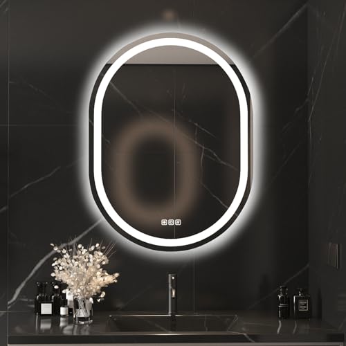 furduzz Badezimmer-LED-Spiegel oval, 600 x 800 mm, Wand-Kosmetikspiegel mit Vorder- und Hintergrundbeleuchtung, beschlagfrei, wasserdichter Smart-Spiegel, Memory-Funktion, 3 Farben stufenlos dimmbar von furduzz
