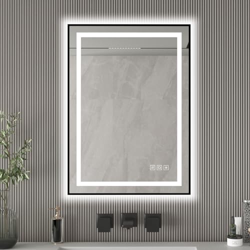 furduzz Badezimmerspiegel mit Beleuchtung, 500 x 700 mm, wandmontierter Kosmetikspiegel mit Vorder- und Hintergrundbeleuchtung, Memory-Funktion, dimmbar, beschlagfrei (horizontal/vertikal) von furduzz