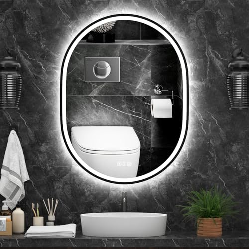 furduzz Ovaler LED-Badezimmerspiegel mit schwarzem Rahmen, 600 x 800 mm, Badezimmerspiegel mit LED-Leuchten mit Touch-Schalter, 3-farbige, dimmbare Lichter, horizontal/vertikal furduzz Ovaler LED-Badezimmerspiegel mit schwarzem Rahmen, 600 x 800 mm, Badezimmerspiegel mit LED-Leuchten mit Touch-Schalter, 3-farbige, dimmbare Lichter, horizontal/vertikal von furduzz