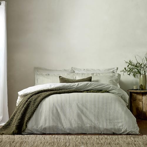 Yard Hebden Mélange Stripe Bettbezug-Set aus 100% Baumwolle – Olivgrün – Doppelbett, Olive von furn.